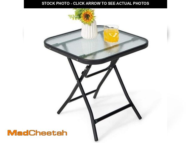 Lot 74-14605005 - Kadehome 18 in. W Black Square Foldable Metal Patio Side Table with Tempered Glass Top for Outdoor, ...