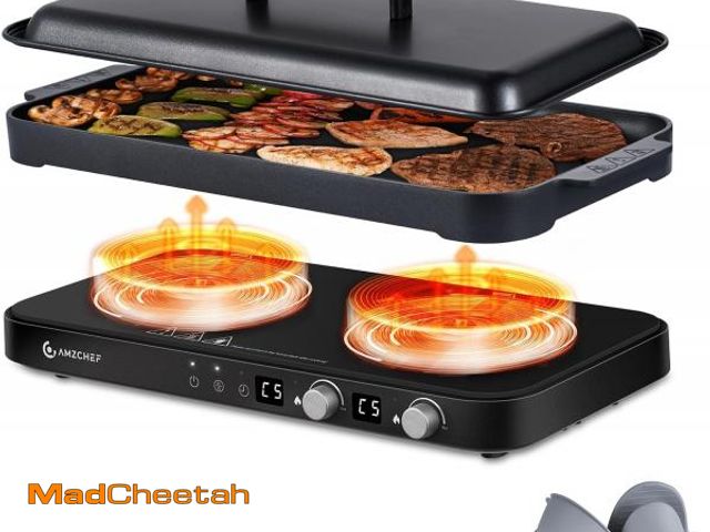 Lot 74-12139084 - AMZCHEF Double Induction Cooktop with Removable Griddle Pan Non-stick, 1800W 2 burner Portable Induc...