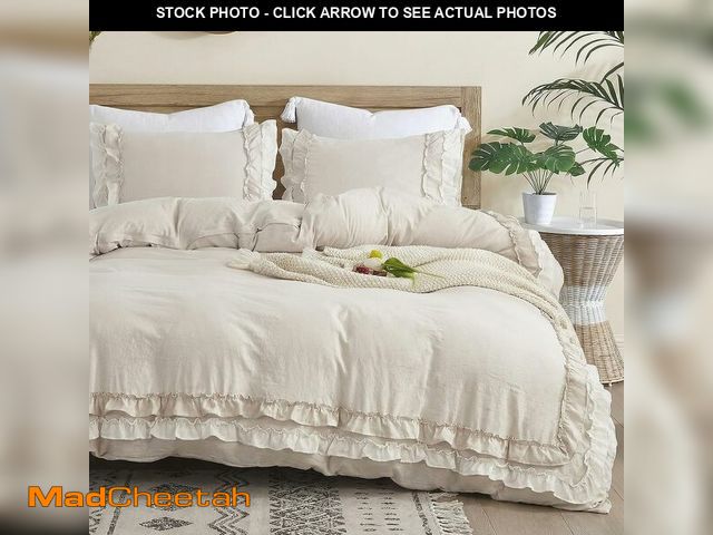 Lot 74-13582983 - Bedorm Beige Ruffled Comforter Set King Boho Bedding Set Cream White Fringe Ruffle Romantic Bedroom ...