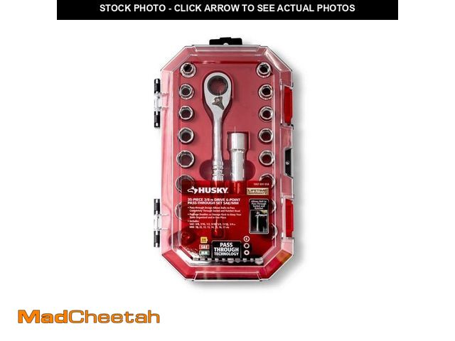 Lot 74-12558403 - (RATCHET IS BROKEN) Husky 3/8 in. Drive 6-Point Pass-Thru Ratchet and Socket Set (35-Piece) - USED