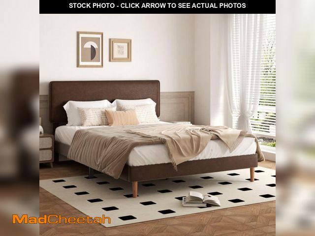 Lot 74-12279282 - Sismplly Queen Size Upholstered Bed Frame with Adjustable Headboard, Faux Leather Platform Bed with ...