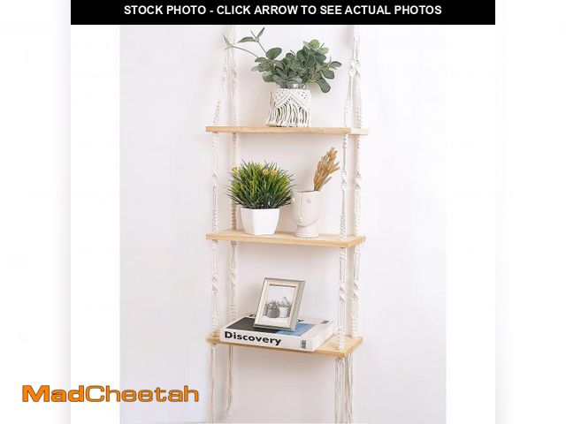 Lot 74-12048882 - Easever Boho 3-Tier Wooden Plant Shelves - Macrame Wall Hanging Storage for Apartment, Bathroom, Liv...