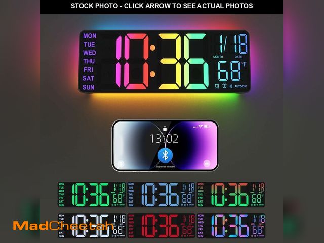 Lot 74-13632222 - YISILE 13" Digital Wall Clock with Night Light,8 RGB Color,Dual Alarms with Large Display, Dimmer, A...
