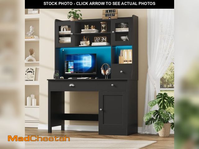 Lot 74-14604605 - Homfa Executive Desk with Hutch &amp; Power Outlets &amp; LED Lights, Wood Writing Study Table, Home...