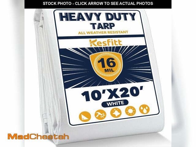 Lot 74-13564045 - Kesfitt 16 Mil Heavy Duty Waterproof White Tarp, 10x20 ft, 100% Virgin Polyethylene, Reinforced Grom...
