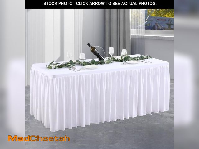Lot 74-12444324 - White Polyester Table Clothes for 8 Foot Rectangle Tables, Wrinkle Free Fitted Table Cover 8ft Stret...