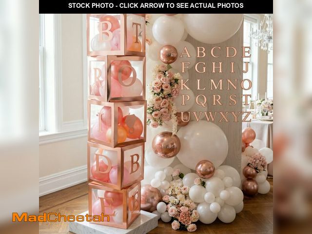 Lot 74-14144134 - 96 PC Bridal Shower Decorations Balloon Boxes Rose Gold - Transparent Block with BRIDE TO BE + GROOM...