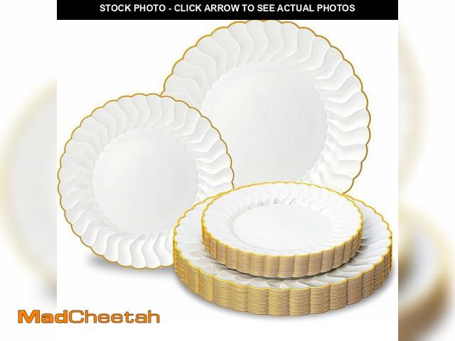 Lot 74-14269681 - Lullaby 60PCS Pearl White Scalloped Plastic Plates with Gold Rim, Disposable Elegant Plates Include ...