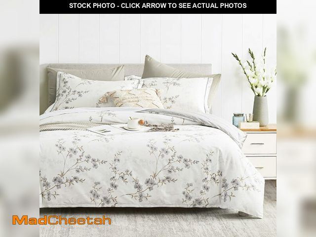 Lot 74-13564088 - LEMIROE Vintage Botanical White Cotton Comforter Queen Size - Elegant Gray Flowers and Taupe Branche...