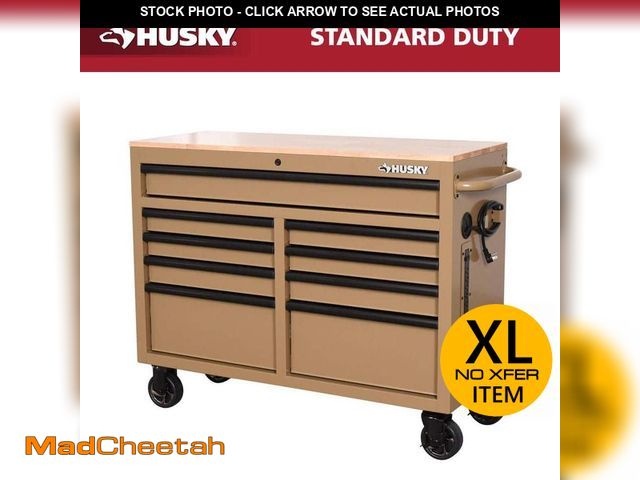 Lot 74-14223055 - *DIRTY/MISSING KEYS* Husky Standard Duty 46 in. W x 18 in. D 9-Drawer Gloss Tan Mobile Workbench Cab...