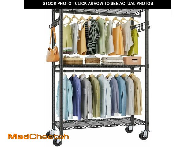 Lot 74-14251364 - VIPEK R2 Plus Heavy Duty Rolling Garment Rack 3 Tiers Adjustable Wire Shelving Clothes Rack with Dou...