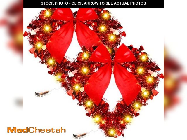 Lot 74-7323137 - 2 Pcs 18 Inch Tinsel Heart Shaped Wreath Red Heart Wreaths Glittering Valentine Wreath with Red Bow ...