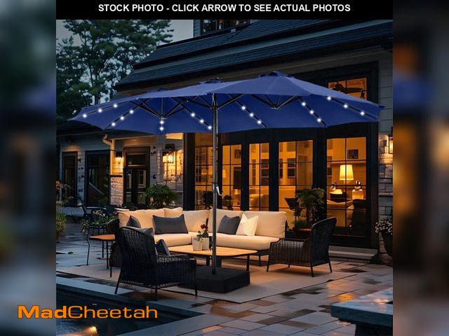 Lot 74-14608694 - SUMMIT LIVING 15 FT Double-Sided Solar Patio Umbrella with Base Large Outdoor Umbrella with LED Sola...