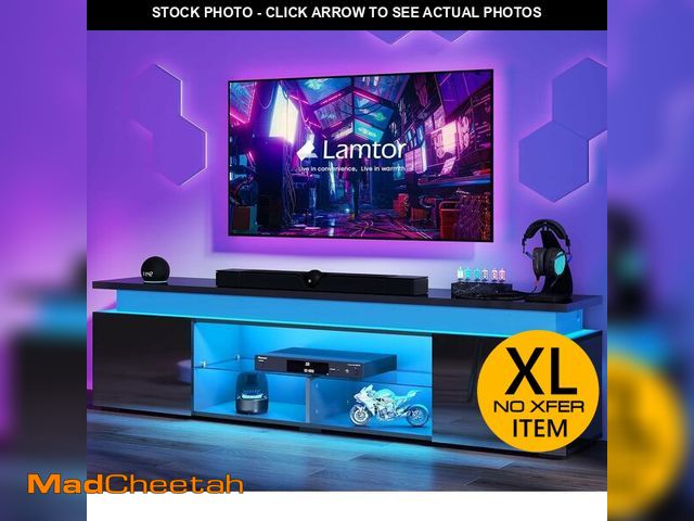 Lot 74-14610411 - Lamtor 85 Inch TV Stand with LED Lights, Power Outlet &amp; Glass Shelf - USED