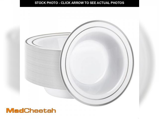 Lot 74-11550591 - Goodluck 50 Pack Plastic Bowls with Silver Rim, 12oz Disposable Soup Bowls for Weddings, Parties, Di...