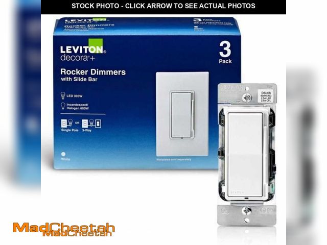Lot 74-11302547 - Leviton Decora 600-Watt Single-Pole/3-Way Universal Rocker Slide Dimmer, White (3-Pack) DSL06-3PW M0...