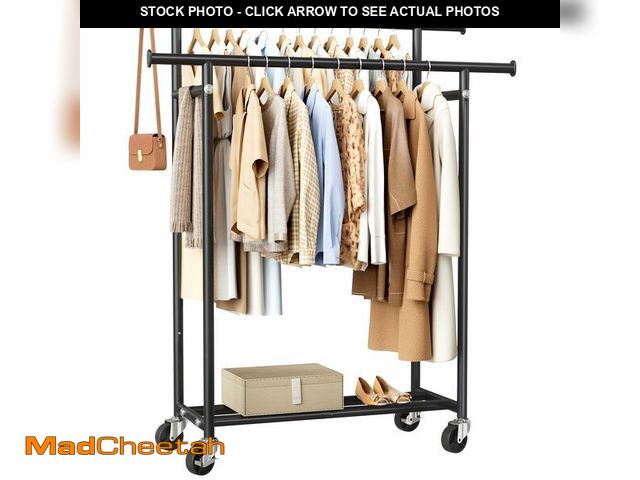 Lot 74-14148691 - HYSEYY Clothes Rack, Double Rods Rolling Clothing Rack for Hanging Clothes, Portable Garment Rack wi...