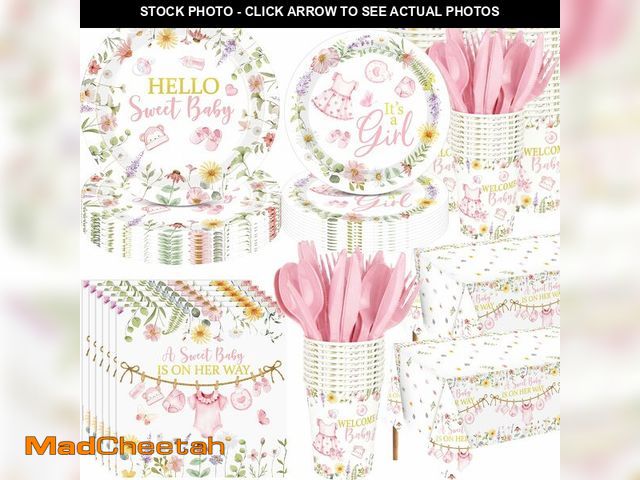 Lot 74-14271199 - Pickmesh 194 Pcs Floral Baby Shower Girl Decorations for 24, Pink Baby Shower Paper Plates and Napki...