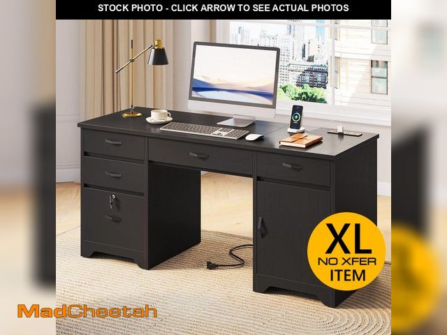 Lot 74-13866161 - Bestier 59 in. Rectangular Black Executive Desk with Lockable File Drawer and Power Outlet, Office D...