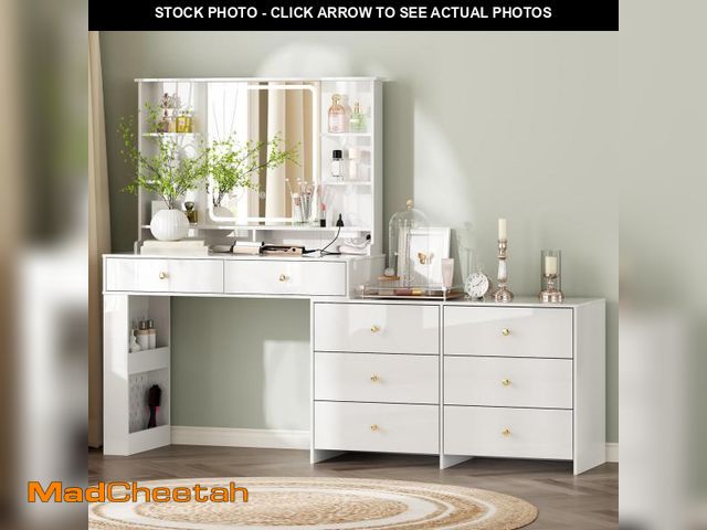 Lot 74-12394414 - Ieejdn Makeup Vanity Desk with Mirror and Lights, Vanity Desk with 8 Drawers &amp; Storage Shelves, ...