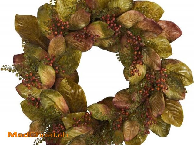 Lot 74-12396848 - Nearly Natural 30in. Fall Magnolia Leaf and Berries Artificial Wreath - USED
