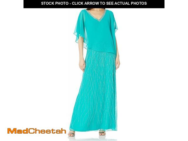 Lot 74-12719978 - J Kara Women's Beaded Bottom V-Neck Sheer Capelet Gown, Aqua/Multi, 10 - UNUSED