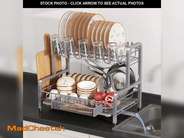 Lot 74-14265337 - BOOSINY 2 Tier Dish Drainer Drying Rack for Kitchen Counter, Large Stainless Steel Dish Dryer with D...