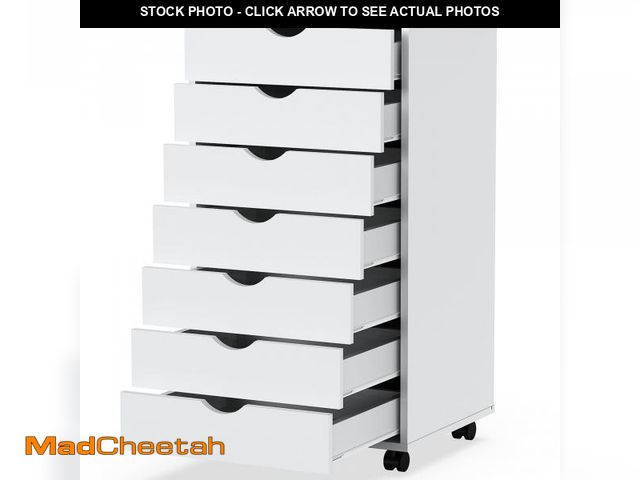 Lot 74-12203225 - 7-Drawer Chest File Cabinet, Wood Dresser Chest Mobile Office Storage Cabinets with Wheels, Small Ta...