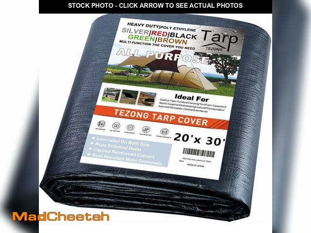Lot 74-13584243 - Tarp Heavy Duty Waterproof 20x30ft,TEZONG Black Plastic Tarp 12MIL Outdoor Tarpaulin Cover for Emerg...