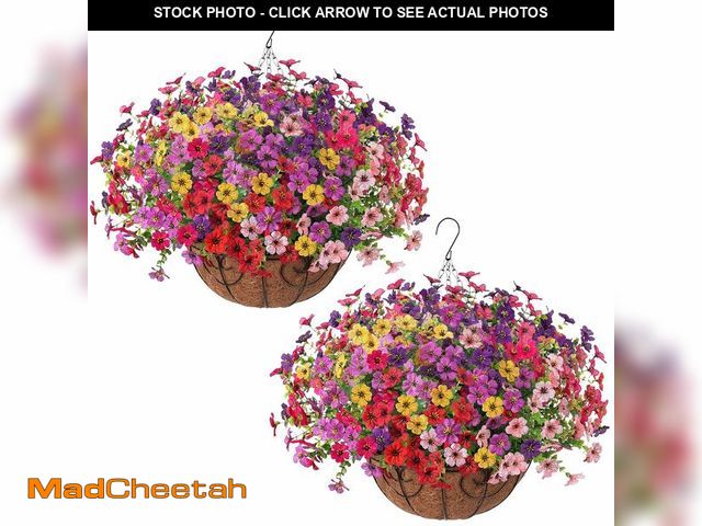 Lot 74-14060532 - HyeFlora 2 Set Artificial Outdoor Flowers Hanging Basket, Faux Hanging Plants for Outside Spring Dec...