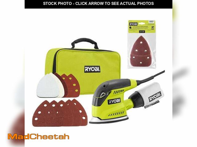Lot 74-14361943 - (MISSING PIECES) RYOBI 1.2 Amp Corded 5.5 in. Corner Cat Sander with Dust Bag, Storage Case, and Ext...