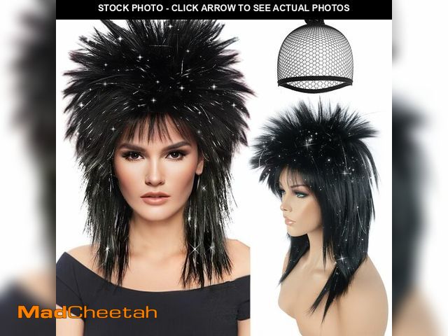Lot 74-13540773 - BESTBEL+Hair Cap 80's Long Silver Black Wig for Women Rocking Diva Wig Long Spiky Wig with Bangs Roc...