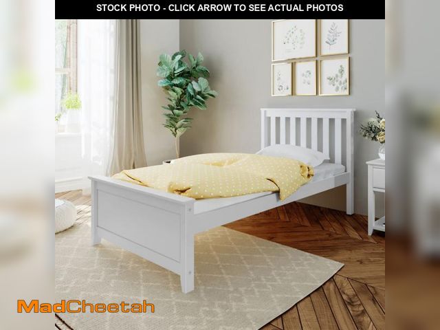 Lot 74-12277803 - Max &amp; Lily Twin Bed Frame with Slatted Headboard, Solid Wood Platform Bed for Kids, No Box Sprin...