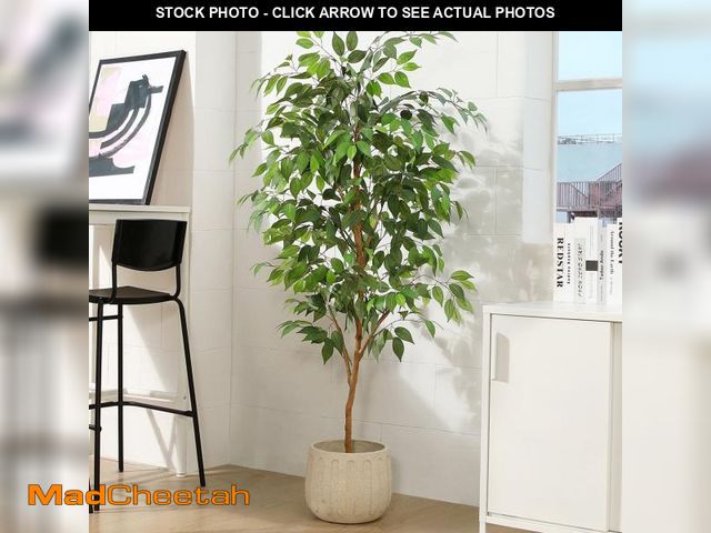 Lot 74-12487513 - 5FT Artificial Ficus Tree with Natural Wood Trunk and Lifelike Leaves, Silk Fake Potted Tree with Wo...