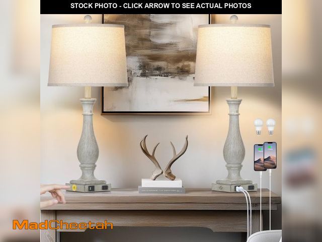 Lot 74-12486494 - Cinkeda Rustic White Table Lamp Set of 2 with USB A+C Ports AC Outlet Modern Farmhouse Resin 3 Way D...