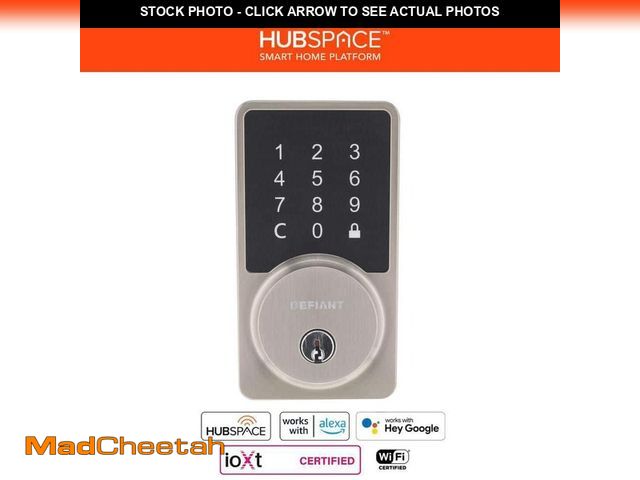 Lot 74-12464896 - Defiant Square Satin Nickel Electronic Single Cylinder Deadbolt Wi-Fi Enabled Powered by Hubspace - ...