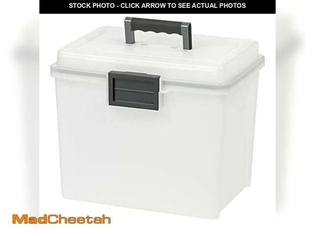 Lot 74-11988556 - IRIS USA File Box WeatherPro Portable File Organizer Plastic File Box for Letter File w/ Organizer-L...