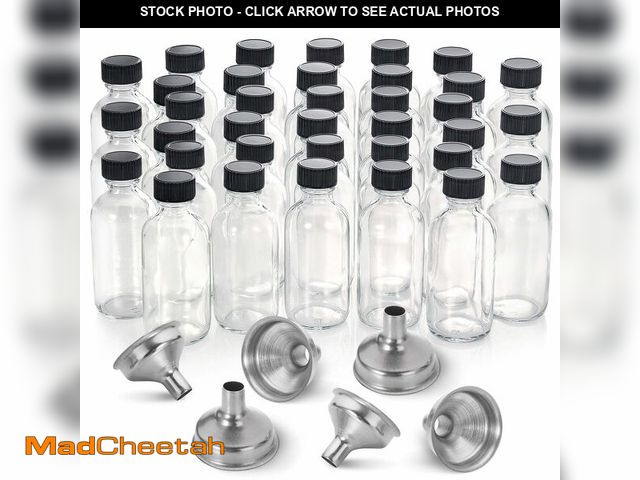 Lot 74-14377147 - 36 Pack, 2 oz Small Clear Glass Bottles w/Lid &amp; 6 Stainless Steel Funnels - 60ml Boston Sample B...