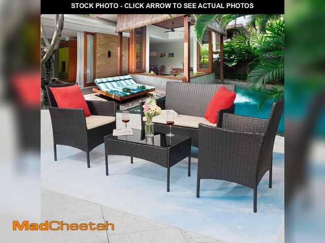 Lot 74-14345474 - Tozey Black 4-Pieces Wicker Outdoor Patio Furniture Sets Rattan Chair Wicker Set with Beige Cushion ...