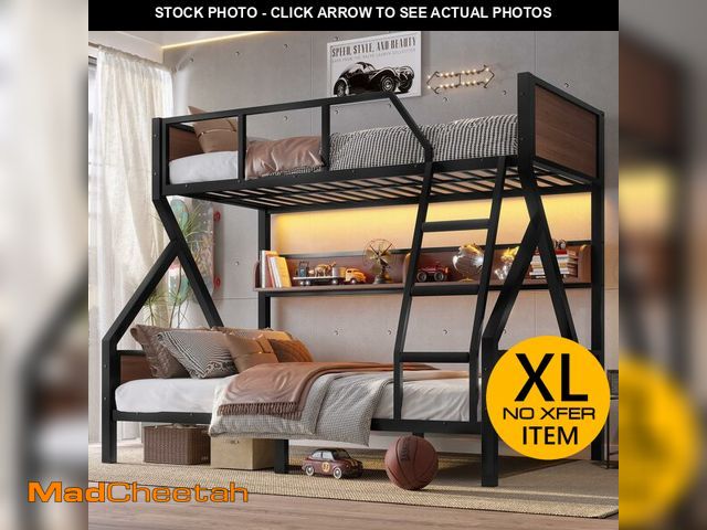 Lot 74-13119283 - Bellemave Bunk Beds Twin Over Full Size with Storage Shelves &amp; LED Light, Metal Twin Over Full B...