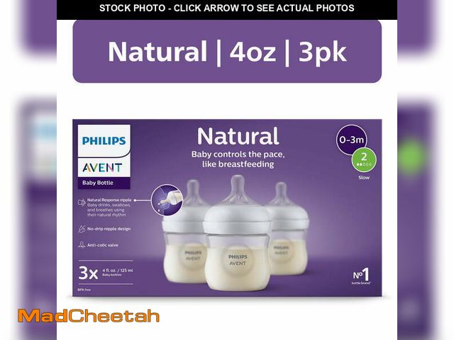 Lot 74-12789504 - Philips Avent Natural Baby Bottle with Natural Response Nipple (Slow Flow, Flow 2), 4oz, 3-Pack, SCY...