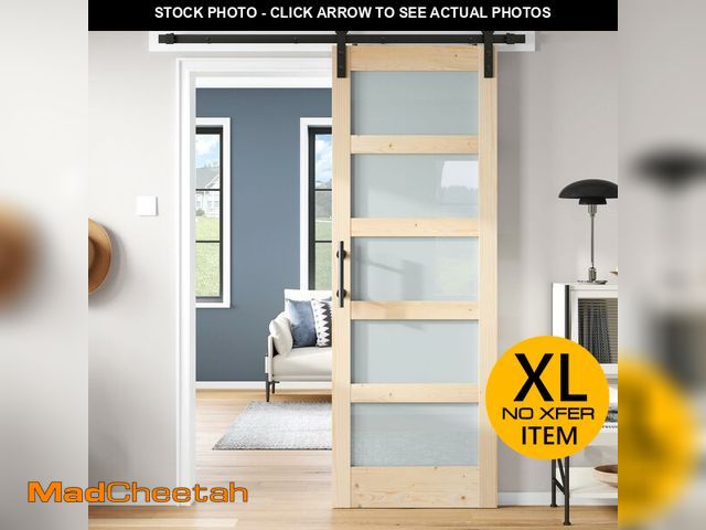 Lot 74-12819573 - ROYMELO 28x84 inch Glass Sliding Barn Door Slab with 5ft Hardware Kit Included, 5-Panel Frosted Glas...