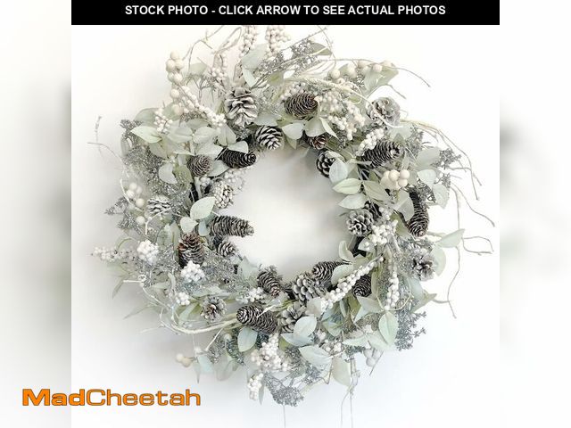 Lot 74-13563763 - Birch Wreath with White Berries, Iced Pine Cones, Holly Leaf, Branch - 26" Winter Christmas Wreath f...
