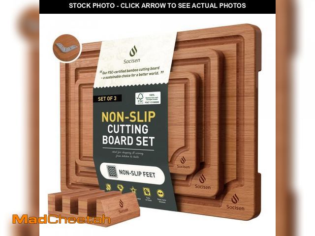 Lot 74-12302493 - 3 Packs Bamboo Cutting Board Set with Non Slip Feet Holder and Over Sink Nice Solid Thick Wood Juice...