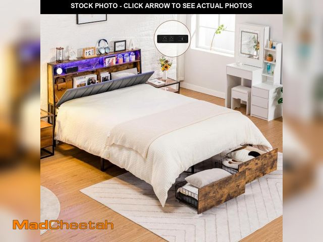 Lot 74-12403769 - COMHOMA Platform Bed Frame with LED Lights and Charging Station, Storage Headboard and Footboard Dra...