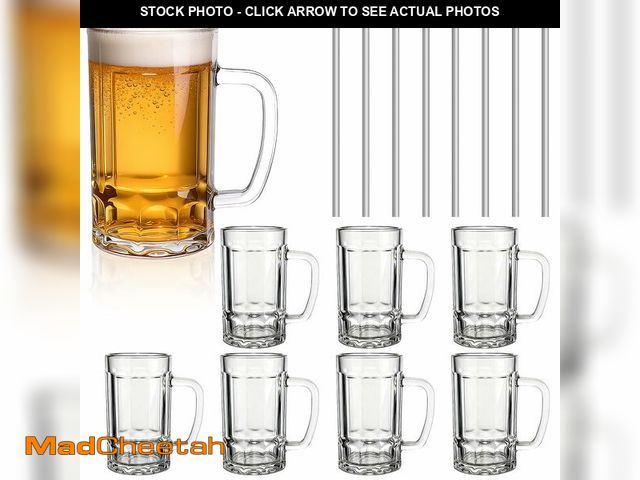 Lot 74-14384350 - PYVYLO Glass Beer Mugs Set of 8,13.5oz Large Beer Mugs with Handles and Straws,Heavy Coffee Thick Dr...