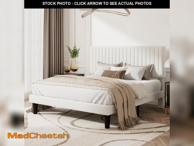 Lot 74-12512891 - Amolife Queen Size Upholstered Platform Bed Frame with Adjustable Velvet Headboard, Off-White - UNUS...