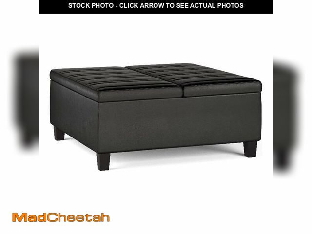 Lot 74-13638403 - SIMPLIHOME Ellis 36 inch Wide Contemporary Square Coffee Table Storage Ottoman in Distressed Black V...