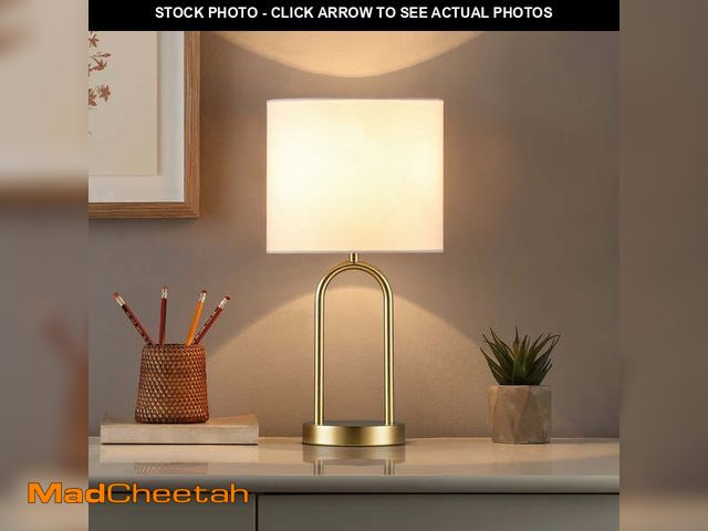 Lot 74-14290443 - Mainstays 16.75" Gold Metal Arch Table Lamp with White Fabric Lamp Shade *BULB NOT INCLUDED* - UNUSE...
