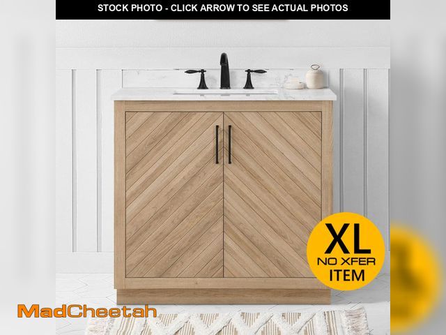 Lot 74-14590585 - Glacier Bay Huckleberry 36 in. Single Sink Freestanding Weathered Tan Bath Vanity with White Enginee...